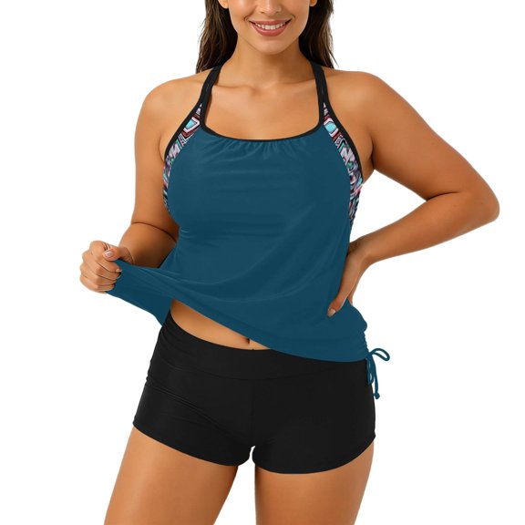 Fashion Women Swimsuit Sexy Ladies Swimwears Set Floral Print Tankini Swimsuit Two Piece Beach Bikini With High Waist Bottom And Rash Guard Top Black XXL