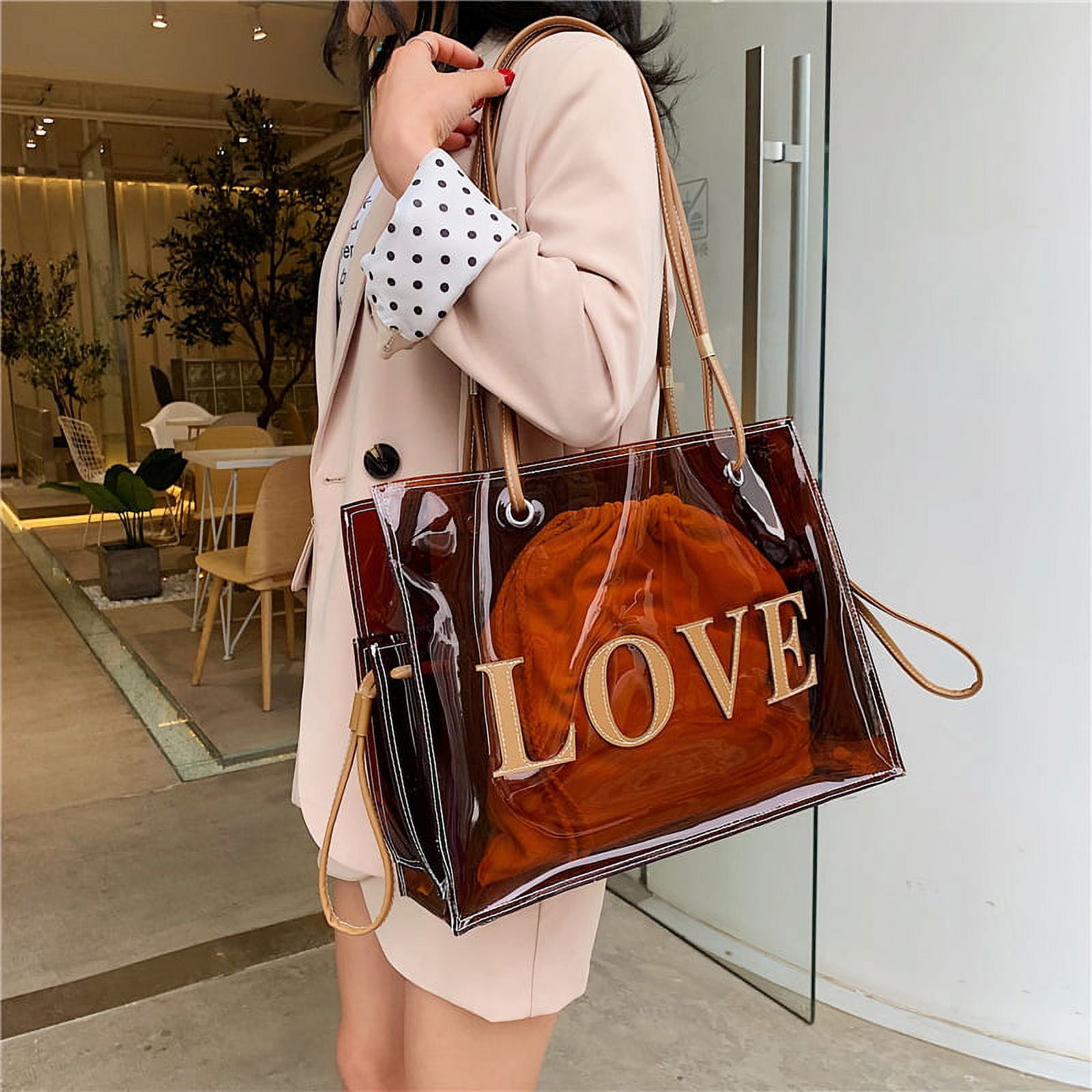 Dcenta Fashion Women Transparent PVC Shoulder Bags Jelly Candy Color Large Capacity Handbag Tote Brown, Women's