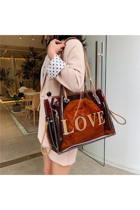 Fashion Women Transparent PVC Shoulder Bags Jelly Candy Color Large Capacity Handbag Tote Brown