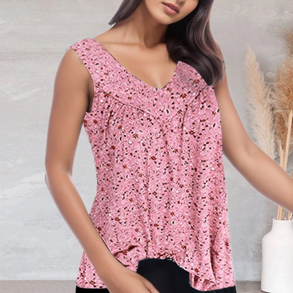 Fashion Women V Printed Broken Flowers Sleeveless Shirt Casual Summer Tank Top Blouse, L, Pink