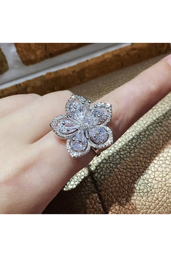 Fashion Women White Zircon Flower Shape Big Zircon Stone Rings