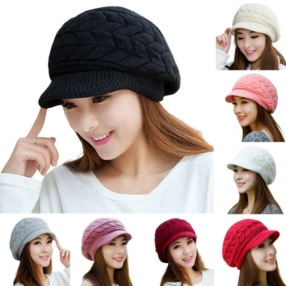 Fashion Women Winter Flat Brim Beanie Hat Warm Knitted Slouchy Wool Hat Cap with Visor