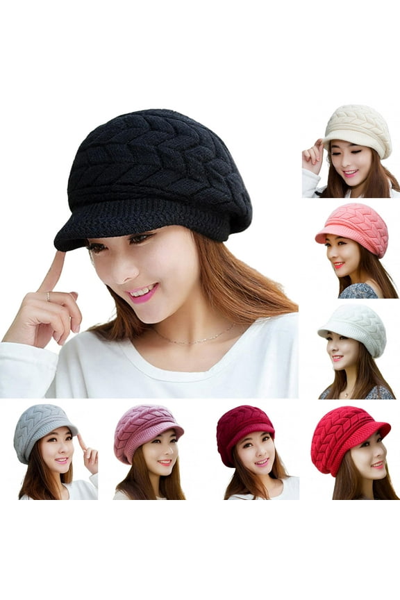 Fashion Women Winter Flat Brim Beanie Hat Warm Knitted Slouchy Wool Hat Cap with Visor