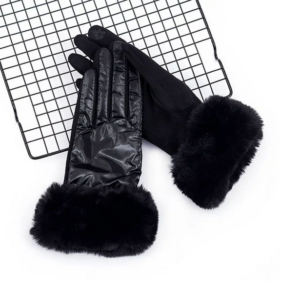 Fashion Women Winter Warm Suede Leather Touch Screen Driving Glove Female Faux Fur Plus Velvet Thick Gloves (black,One Size)