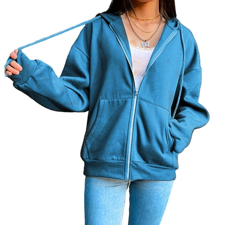 Fashion Women' Zip Up Hoodie Retro Hooded Jacket with Zipper Womens Hoodie  Jacket with Sweatshirt Solid Color Sweatshirt Coat for Women - Blue S