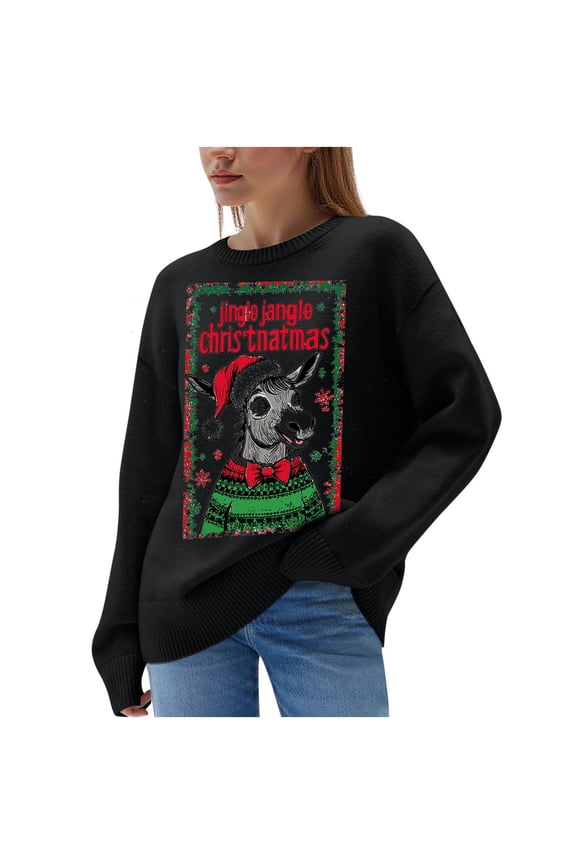 Fashion Women's 2025 Christmas Printed Crewneck Sweater - Long Sleeve Casual Pullover with Xmas Snowflake Santa Graphic, Festive Holiday Novelty Reindeer Print, Cozy Warm Fall Winter Knit Top