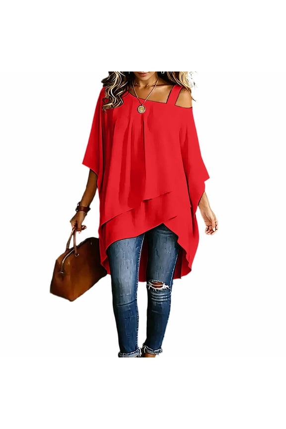 Fashion Women's Asymmetric Hem Cold Shoulder Bat Half Sleeve Blouse Solid Color Casual Spring Summer Daily Shirt, 2XL