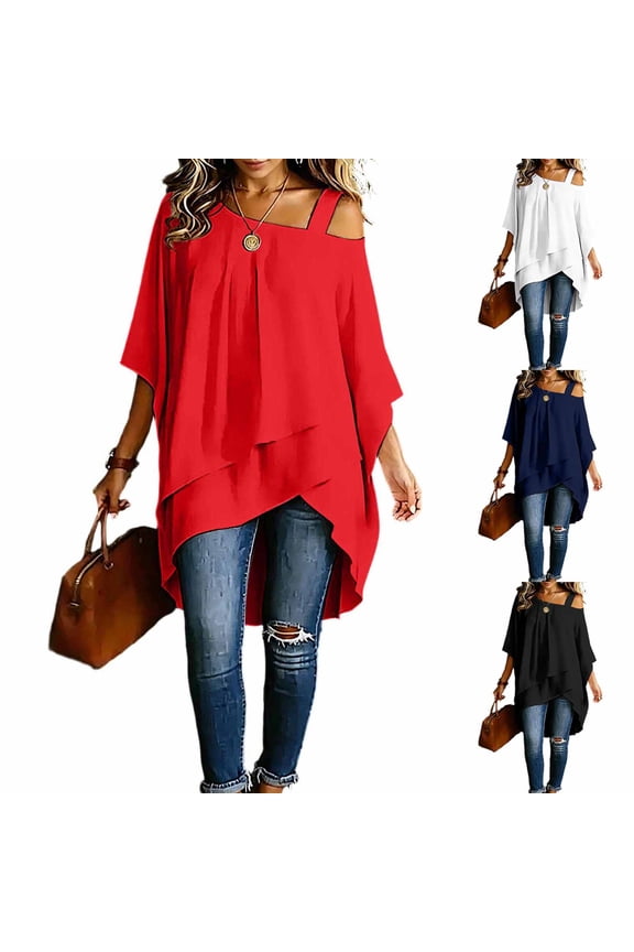 Fashion Women's Asymmetric Hem Cold Shoulder Bat Half Sleeve Blouse Solid Color Casual Spring Summer Daily Shirt, XL