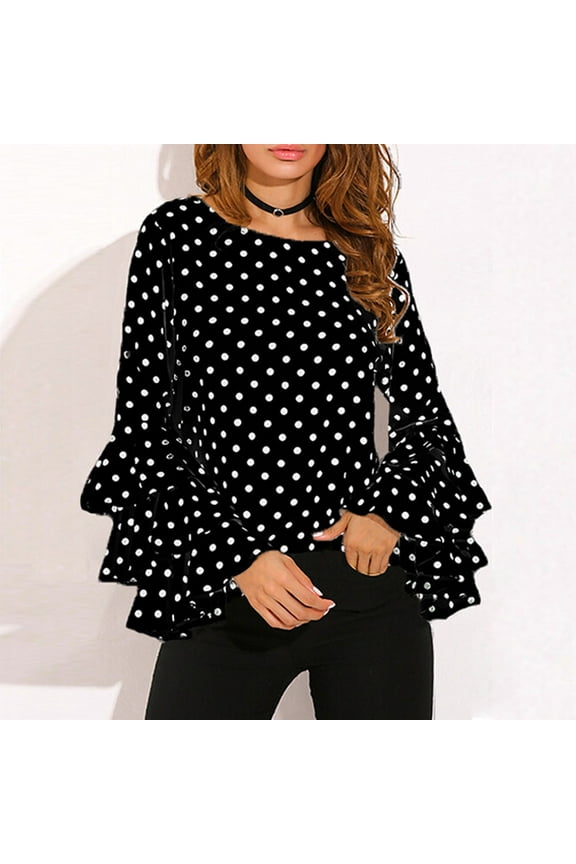 Fashion Women's Bell Sleeve Loose Polka Dot Shirt Ladies Casual Blouse Tops Essential Long Sleeve Womens Work Shirt Short Sleeve