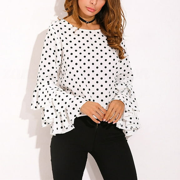 Fashion Women's Bell Sleeve Loose Polka Dot Shirt Ladies Casual Blouse Tops Essential Long Sleeve Womens Work Shirt Short Sleeve
