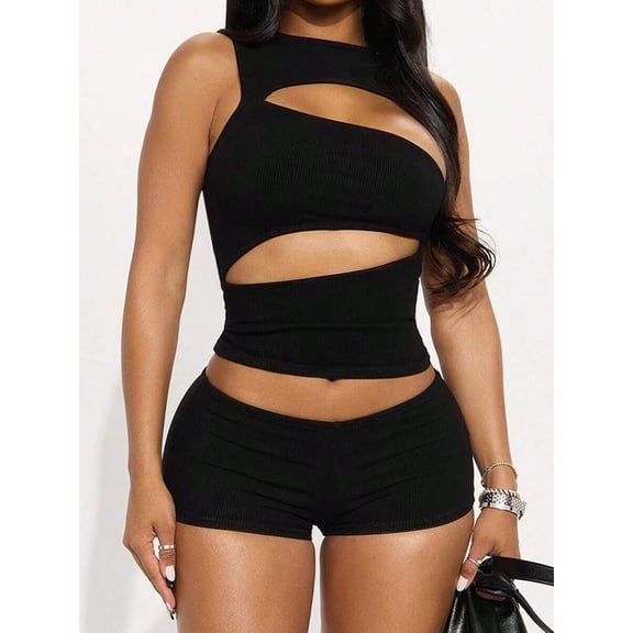 Fashion Women's Black Round Neck Sleeveless Casual Sexy Party Hollow Out Tank Top And Shorts 2pcs Set Elegant
