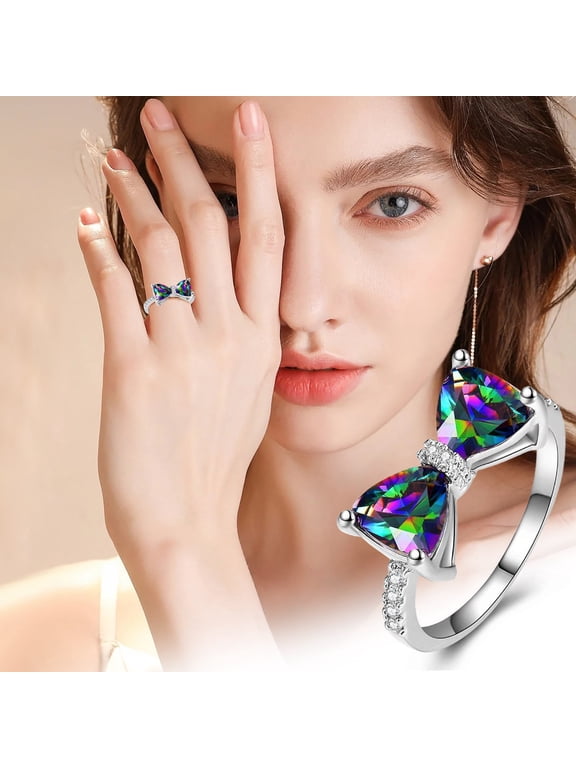 Fashion Women's Bow Ring,Delicate Bright Bow knot Finger Accessories, Alloy Inlaid Colorful Stones European American Style Jewelry Gift,XXXL