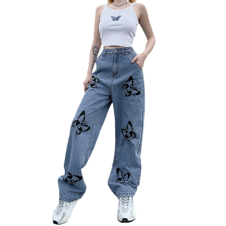 Womens Butterfly Print Wide Leg Jeans High Waisted Girls Fashion