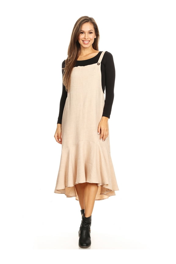 Fashion Women's Button Strap Overall Jumper Pinafore Peplum Hem Midi Dress