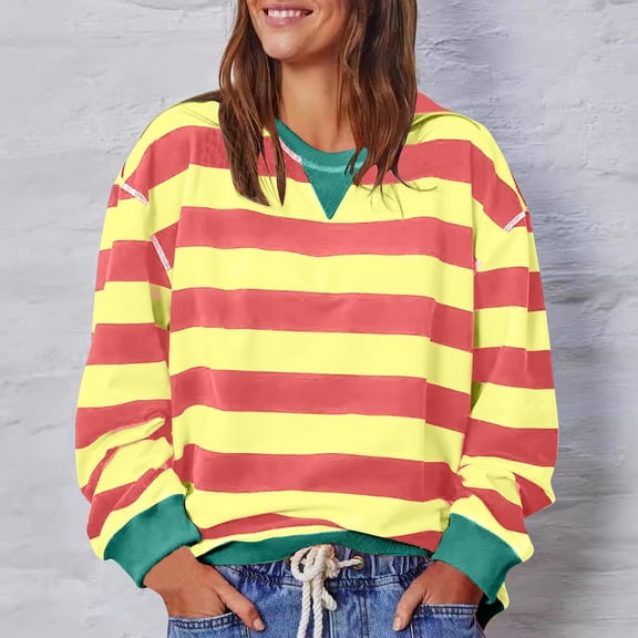 Fashion Women's Casual Contrasting Striped Blouses Long Sleeved Round Neck Top