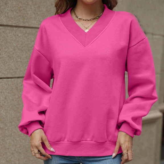 Fashion Women's Casual Loose Solid Color Threaded Splicing Long Sleeved V-Neck Top