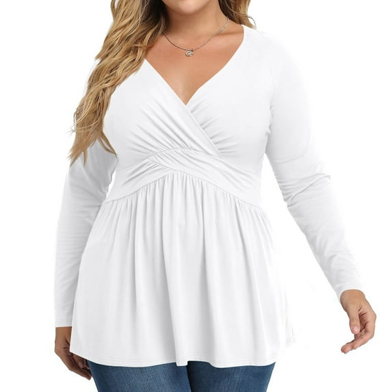 Fashion Women's Casual Plus Size Shirt Tunic Long Sleeve Solid Color Top Pleated Casual V-Neck Lightweight Blouse Top