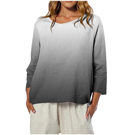 Fashion Women's Casual Printed Round Neck 3/4 Sleeve T-shirt Loose And Comfortable Tops, Gradient Print Blouse with Curved Hem for Summer and Daily Wear, Soft Fabric