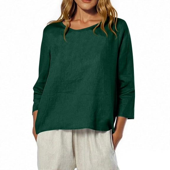 Fashion Women's Casual Printed Round Neck 3/4 Sleeve T-shirt Loose And Comfortable Tops, Solid Color Blouse with Curved Hem for Summer and Daily Wear, Soft Fabric