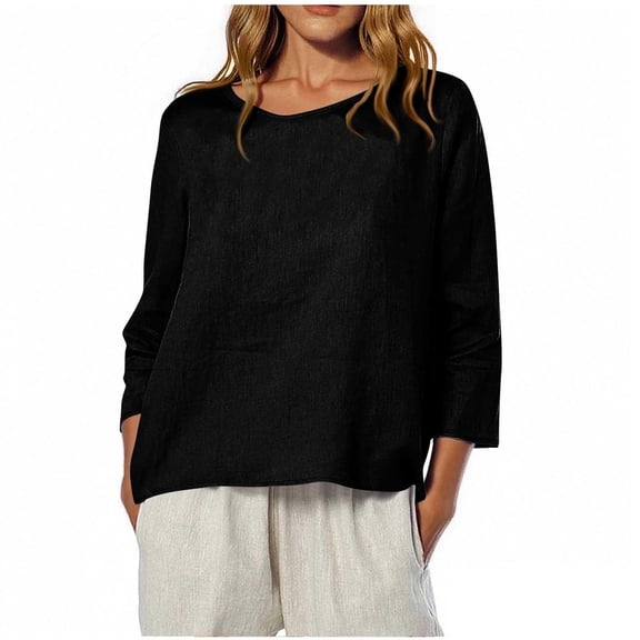 Fashion Women's Casual Printed Round Neck 3/4 Sleeve T-shirt Loose And Comfortable Tops, Solid Color Blouse with Curved Hem for Summer and Daily Wear, Soft Fabric