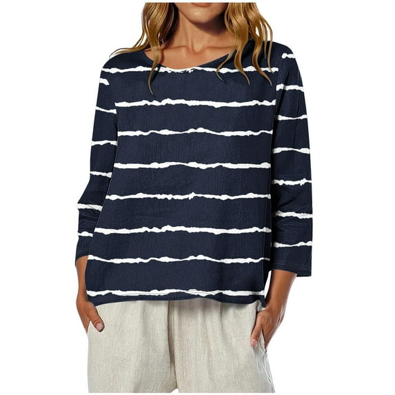 Fashion Women's Casual Printed Round Neck 3/4 Sleeve T-shirt Loose And Comfortable Tops, Striped Print Blouse with Curved Hem for Summer and Daily Wear, Soft Fabric