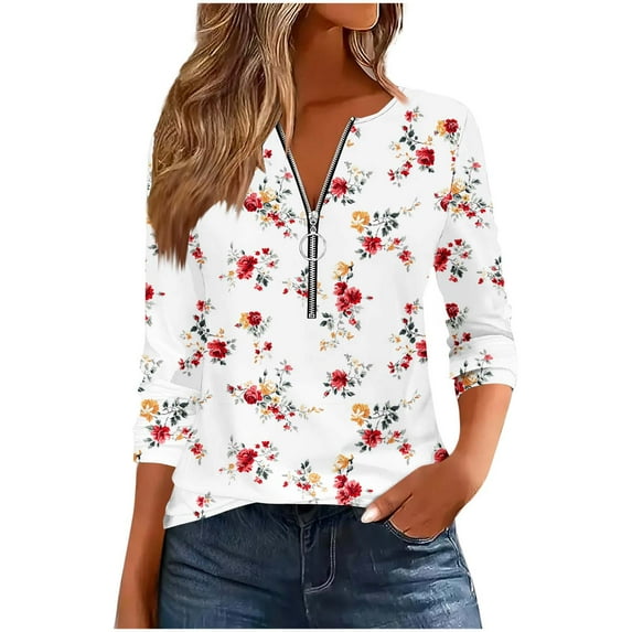 Fashion Women's Casual Printed Round Neck Long Sleeve T-shirt Blouse Zipper Tops