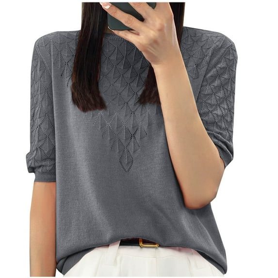 Fashion Women's Casual Solid Color Knit Short Sleeve Round-Neck Blouses Shirts