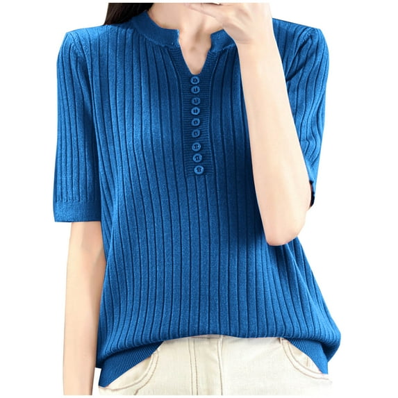 Fashion Women's Casual Solid Color Knit Short Sleeve V-Neck Blouses Shirts