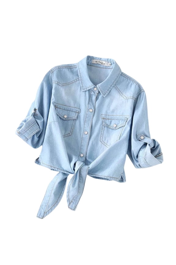 Fashion Women's Casual Solid Color Midriff-baring Short Sleeve Lapel Neck Denim Jacket