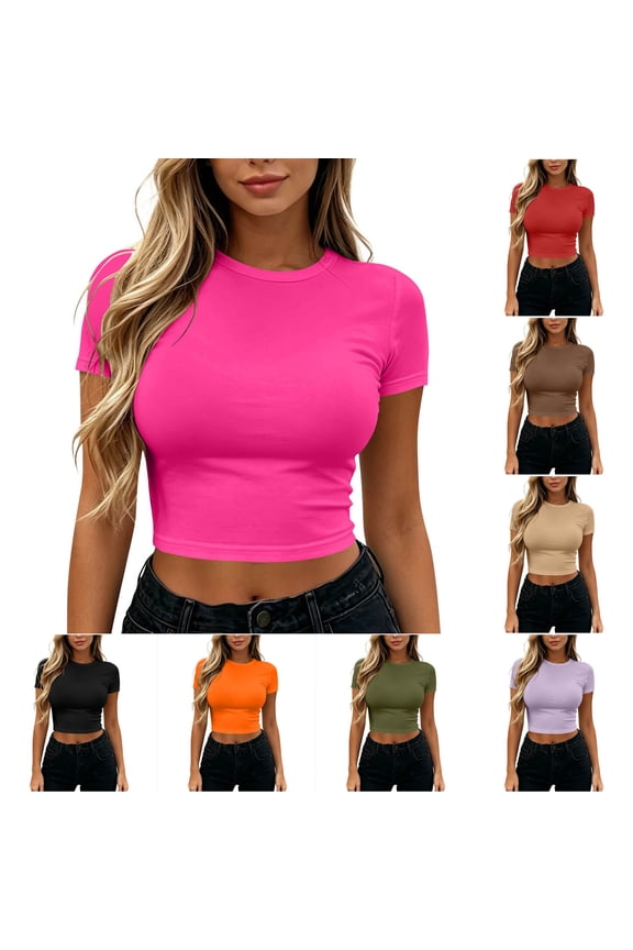 Fashion Women's Casual Solid Color Midriff-baring Short Sleeve Round-Neck Tops