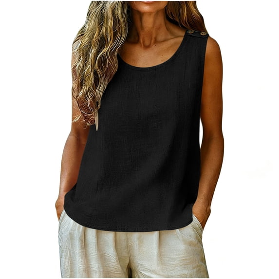 Fashion Women's Casual Solid Color Sleeveless Round Neck Button Blouses Pullover Top Black