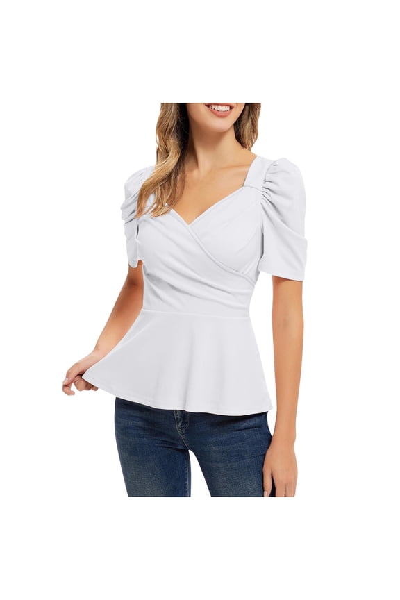 Fashion Women's Casual V-Neck Ruffled Sleeveless Blouse, Puff Sleeve Fit-and-Flare Top, Stylish Summer Shirt, Perfect for Casual Outings, Office, and Daily Wear