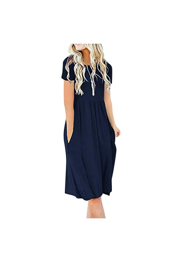 Fashion Women's Casual Women Short Sleeve Round Neck Pockets Solid Ladies Dress Christmas Plus Size Women's 1950s Cloak Two-Piece Cocktail Dress Club Dress
