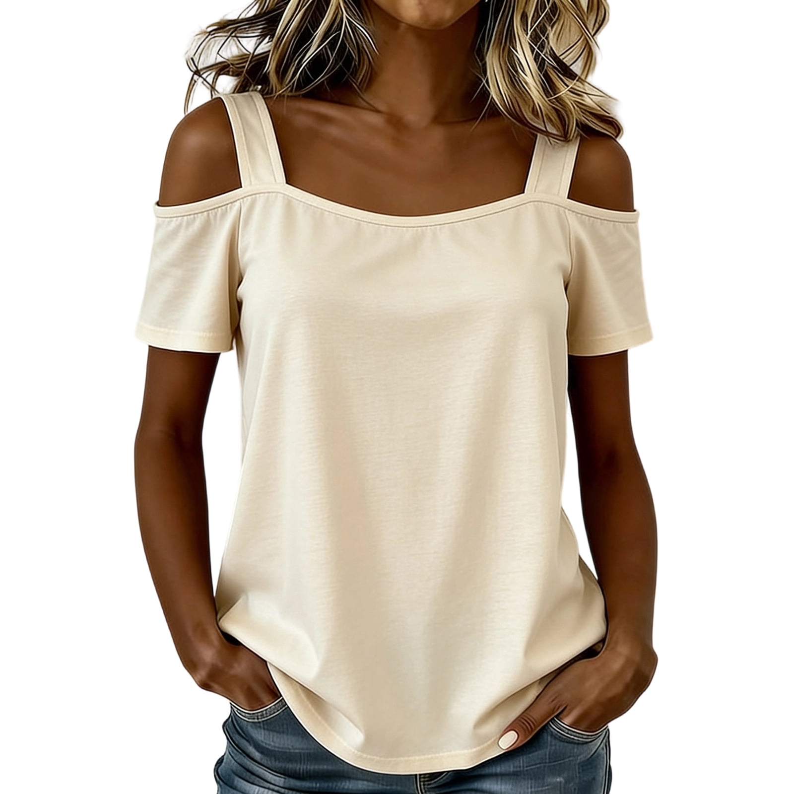 Fashion Women's Cold Shoulder Short Sleeve T Shirts Casual Solid Color ...