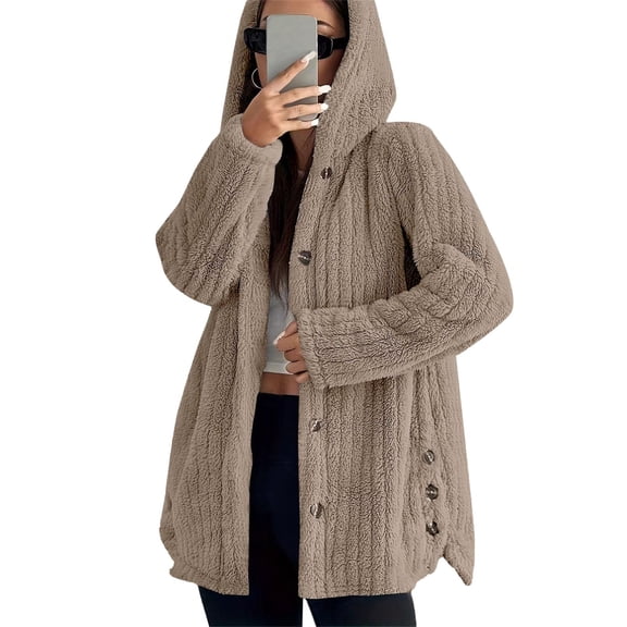 Fashion Women's Fall Winter Coats Solid Color Hooded Jacket Warm Full Zip Long Sleeve Soft Casual Baggy Outerwear