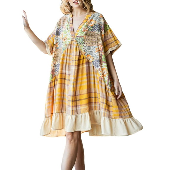 Fashion Women's Flowy Mini Dress Short Sleeve V Neck Floral Print Patchwork A-Line Dress Casual Summer Dress