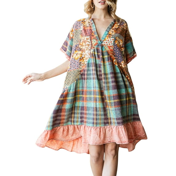 Fashion Women's Flowy Mini Dress Short Sleeve V Neck Floral Print Patchwork A-Line Dress Casual Summer Dress