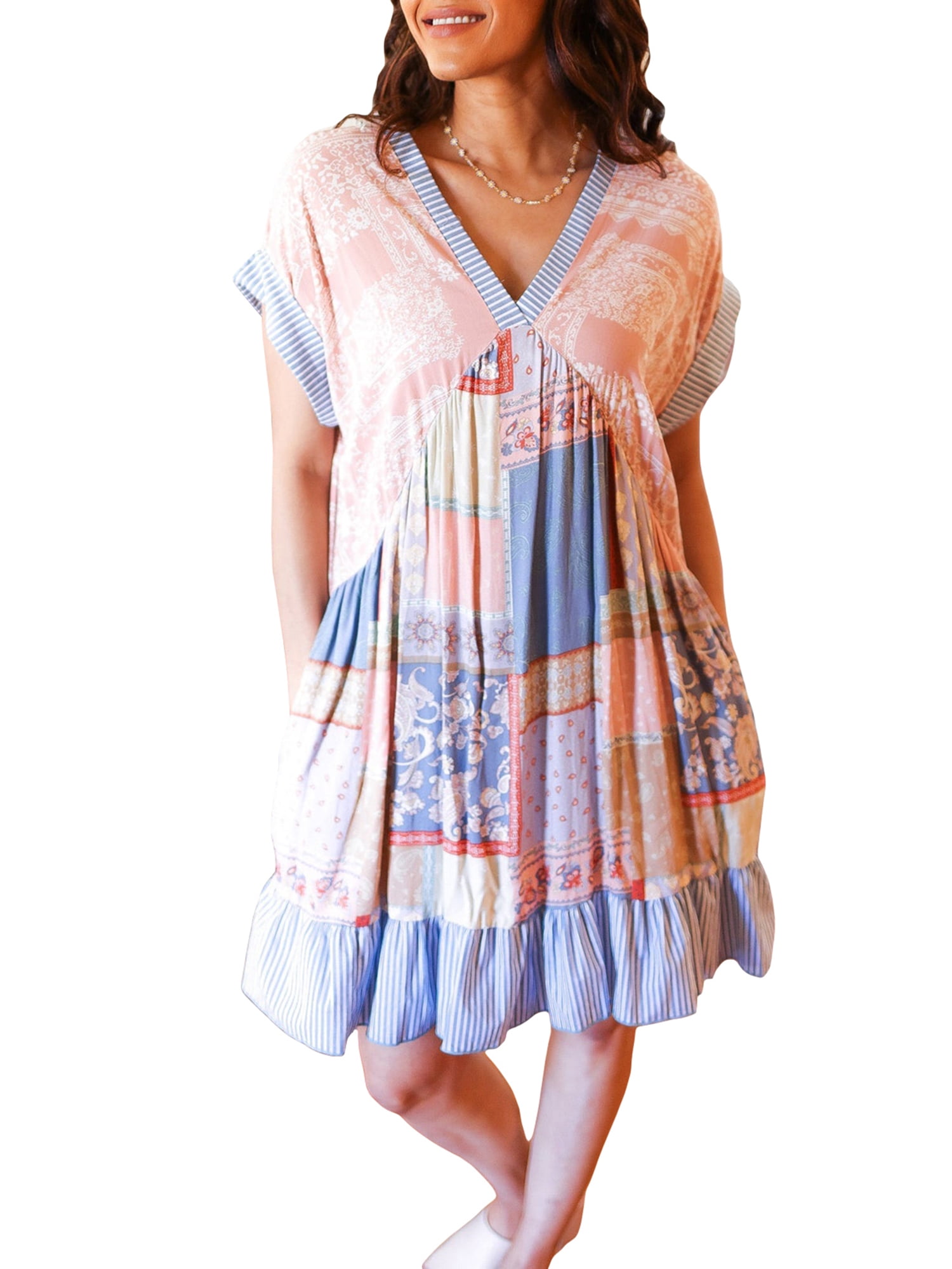 Fashion Elegant Print Patchwork V Neck A Line Dresses(3 Colors) Fashion Elegant Print Patchwork V Neck A Line Dresses(3 Colors)