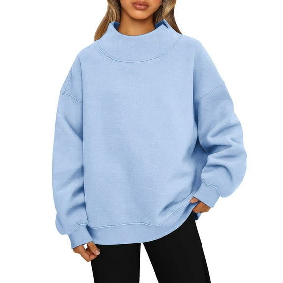 Fashion Women’s High Neck Pullover Sweatshirt – Long Sleeve Oversized Hoodie, Solid Color Lightweight Casual Top for Work, Travel, and Leisure Sky Blue