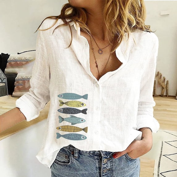 Fashion Women's Loose Button Solid Lapel Long Sleeves T Shirt Blouse Tops