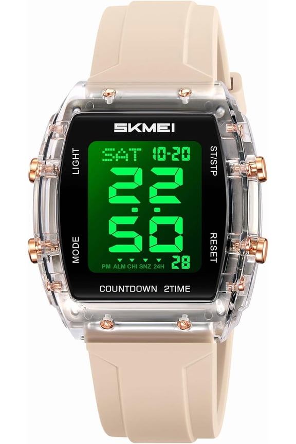 Fashion Women's Men's Digital Watch Tonneau Case Multifunctional Unisex Large Face Outdoor Sport Waterproof LED Casual Wrist Watch with Dual Time Alarm