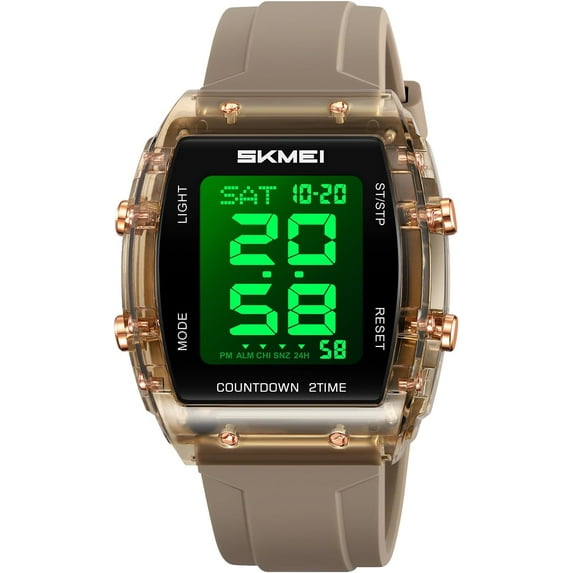 Fashion Women's Men's Digital Watch Tonneau Case Multifunctional Unisex Large Face Outdoor Sport Waterproof LED Casual Wrist Watch with Dual Time Alarm