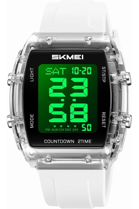 Fashion Women's Men's Digital Watch Tonneau Case Multifunctional Unisex Large Face Outdoor Sport Waterproof LED Casual Wrist Watch with Dual Time Alarm