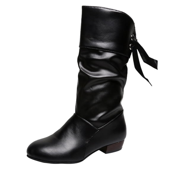 Fashion Women's Mid-Calf Boots Solid Color Pleated Leather Bow Tie Back Thick Heel Medium Stylish Footwear