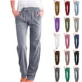 thumbnail image 1 of Womens Cargo Pants Casual Solid Cotton Linen Drawstring Elastic Waist Loose Pants Straight Wide Leg TrousersLong Straight Pants, 1 of 8