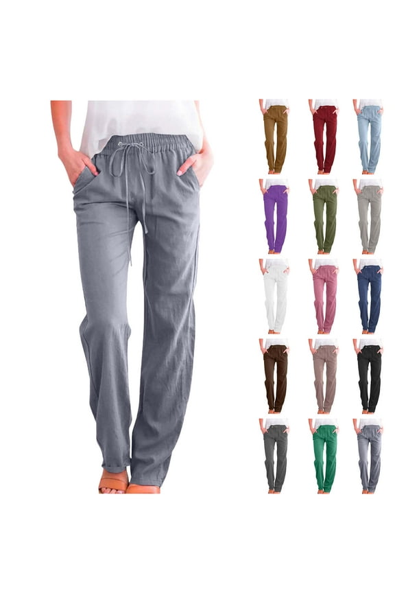 Womens Cargo Pants Casual Solid Cotton Linen Drawstring Elastic Waist Loose Pants Straight Wide Leg TrousersLong Straight Pants