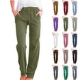 thumbnail image 1 of Cargo Linen Pants for Women Solid Elastic Loose Straight with Pocket Pants Straight Wide Leg Trousers Pants Lightweight Drawstring Pants, 1 of 8