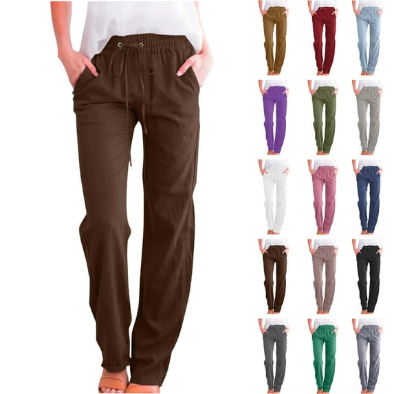 Cargo Linen Pants for Women Solid Elastic Loose Straight with Pocket Pants Straight Wide Leg Trousers Pants Lightweight Drawstring Pants