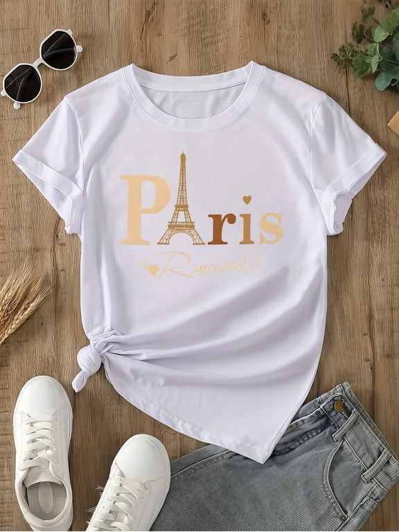Fashion Women's Paris Graphic T-Shirt, Casual Short Sleeve Top with Eiffel Tower Print, Romantic Letter Print Tee for Daily Wear