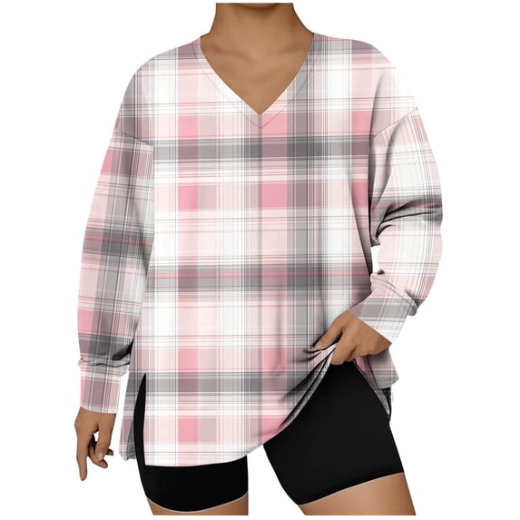 Fashion Women's Plus Size Print Hem Slit Long Sleeved V-Neck Pullover Fashionable Top